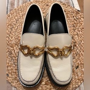 Off White Zara Loafers W/ Gold Buckle, size 6w.
